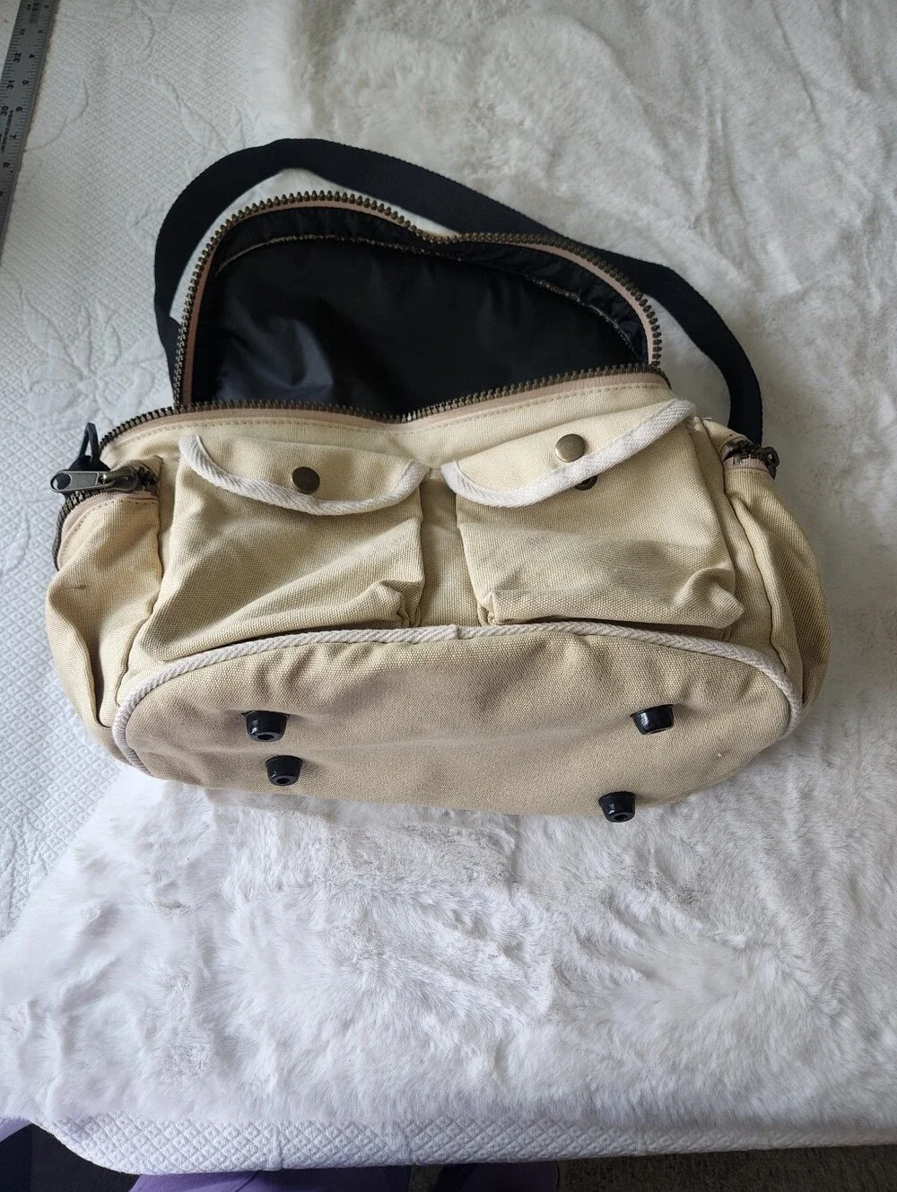 J. Peterman Beige Canvas Messenger Bag with Front Flap Pockets